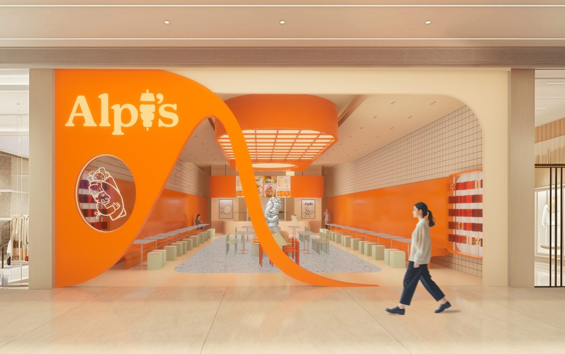 Concept render of the Alpi's storefront with its sculptural orange facade