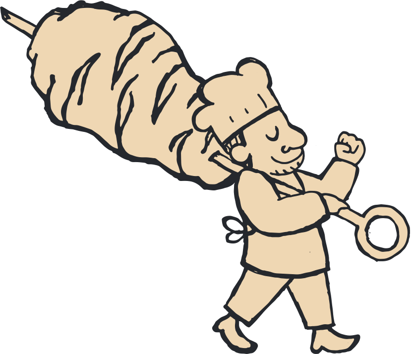 Alpi, the chef character, carrying a giant rotisserie skewer